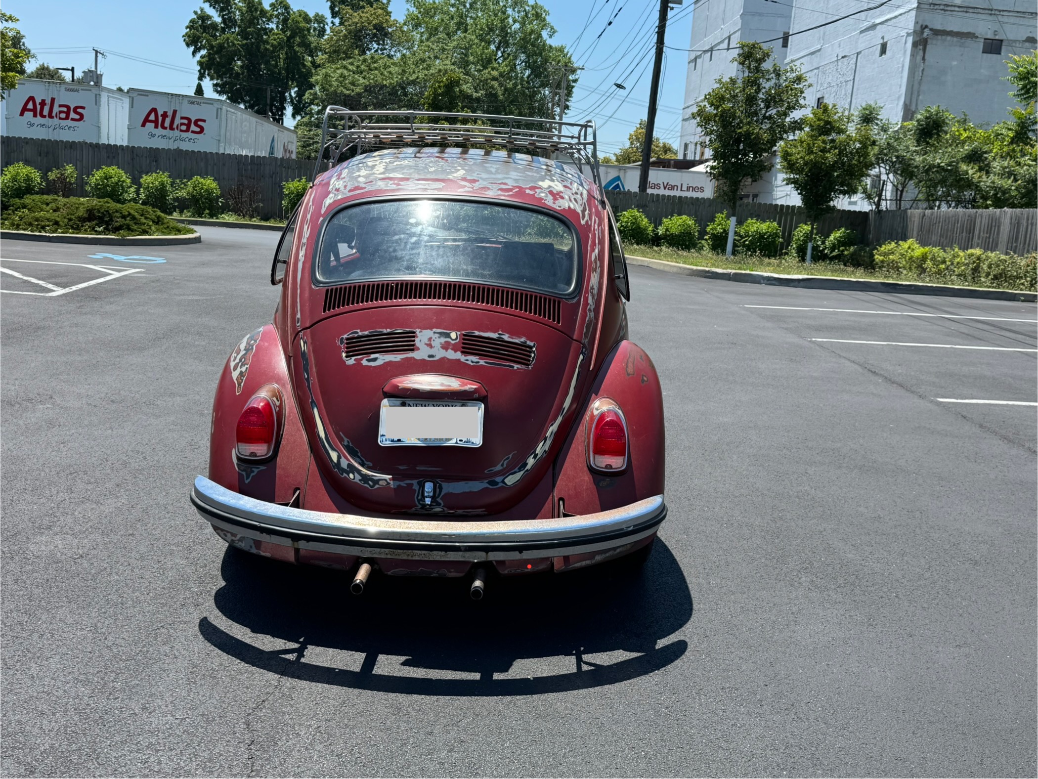 Rear view of 1968 VW Beetle with roof rack